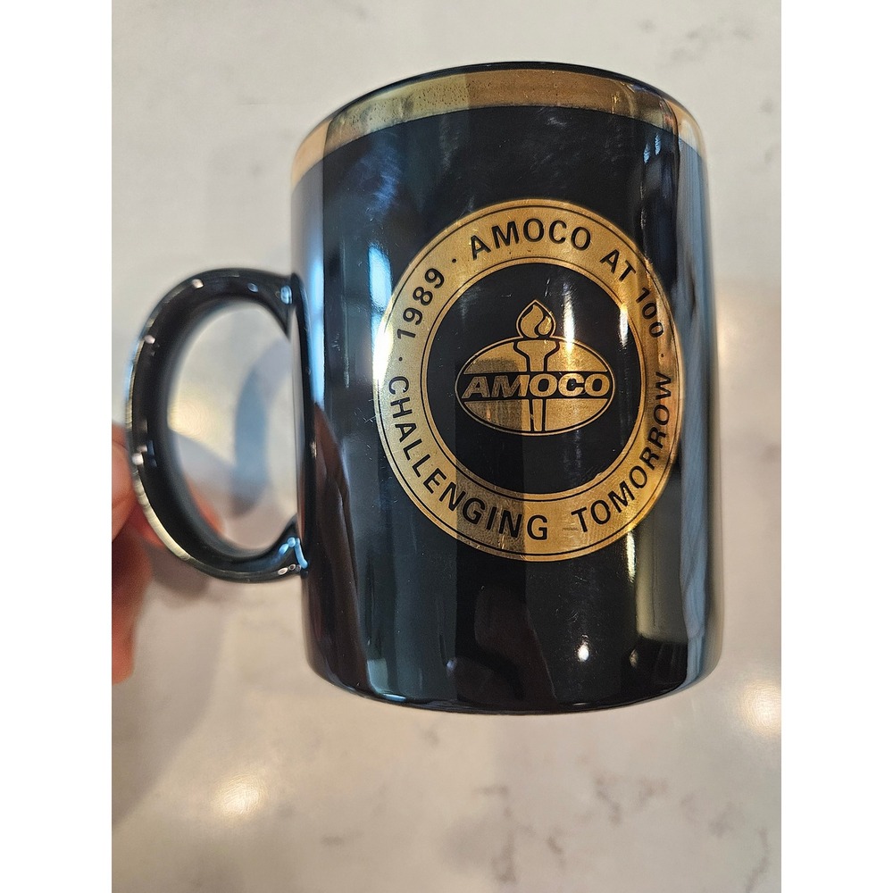 Amoco Coffee Mug Retro Oil Gas Black Gold 1989 100th Anniversary Vintage